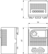 Black on white technical drawing of an electronic component with dimensions and labels.