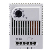 White electronic thermostat with temperature control knob and wiring ports on a white background.