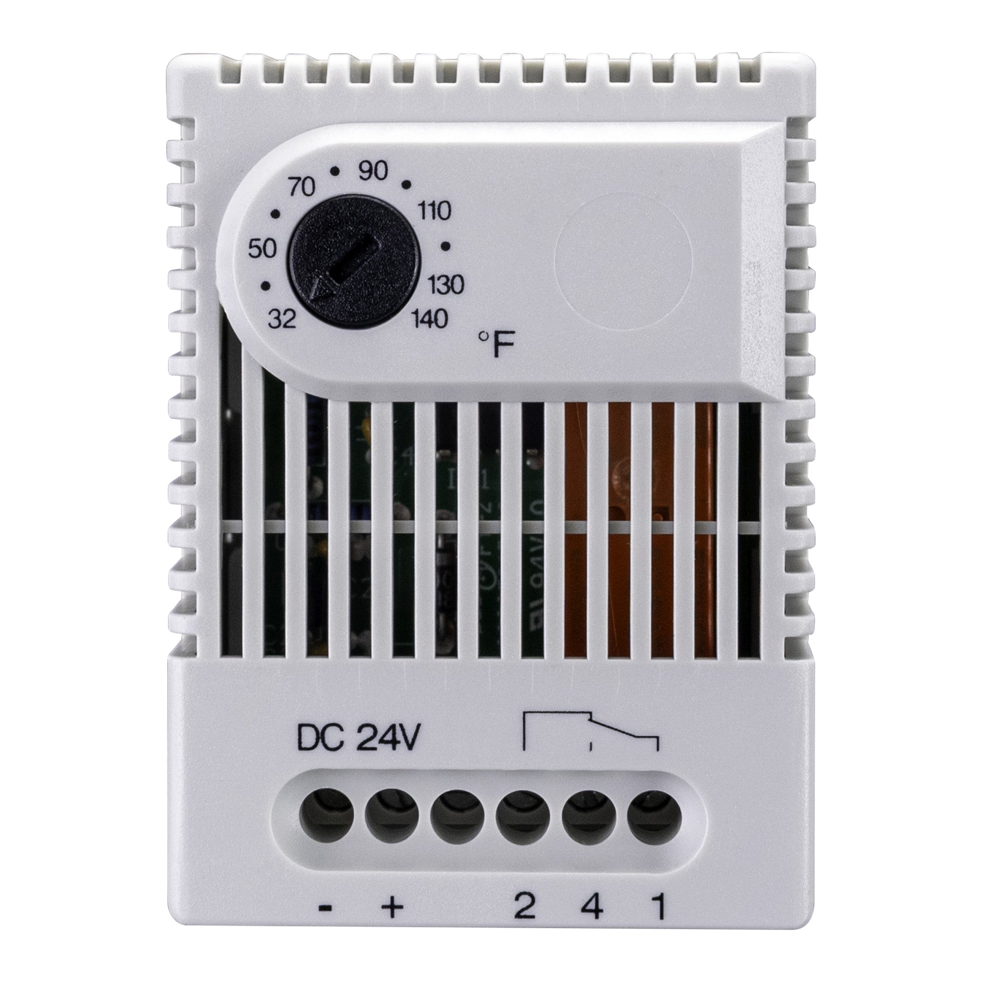 White electronic thermostat with temperature control knob and wiring ports on a white background.