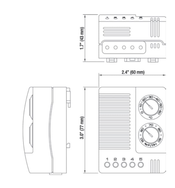 Technical drawing with dimensions and labels of a device.