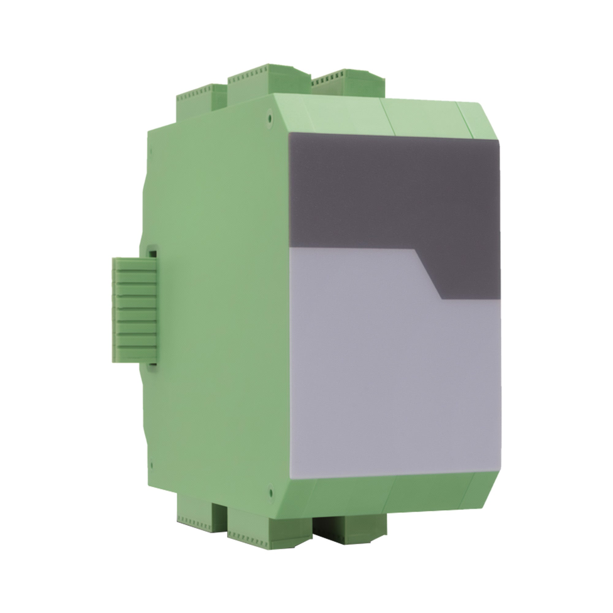 Green and gray electrical module on a white background