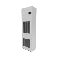 Tall white AC cabinet with black grilles on a white background