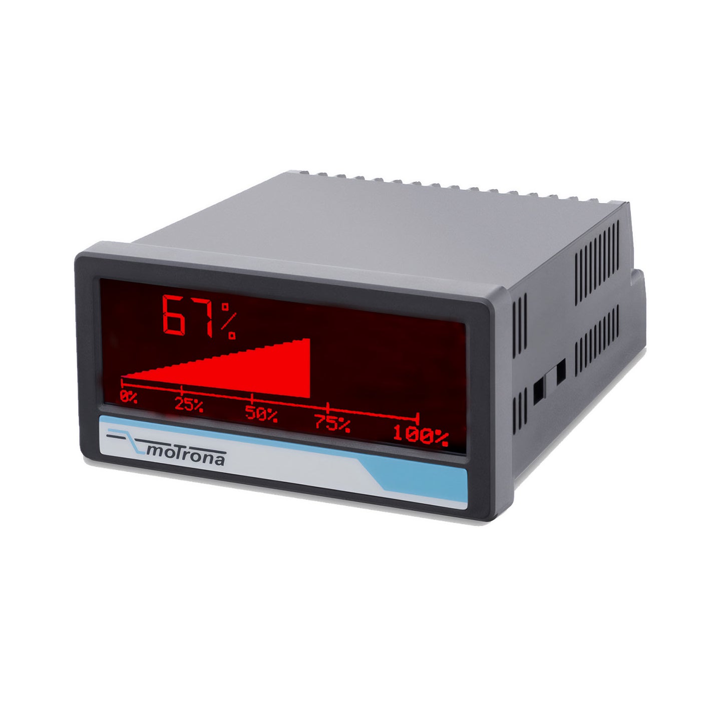 Digital meter with red display and 'moTrona' branding on a white background