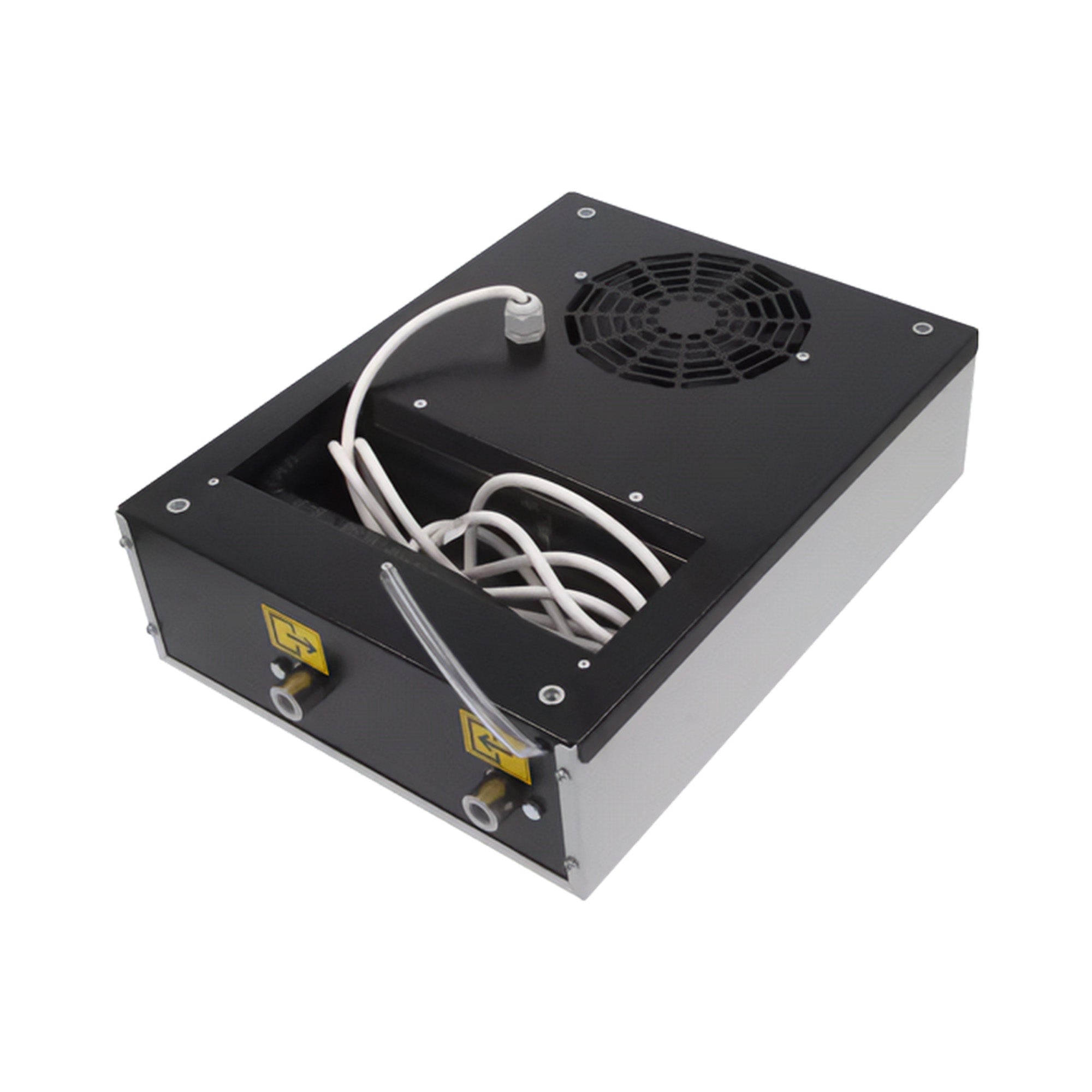 Rear of AC with a fan and cables on a white background.