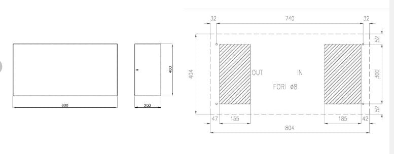 Black on white technical drawing of a rectangular object with dimensions