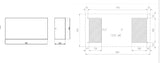 Black on white technical drawing of a rectangular object with dimensions