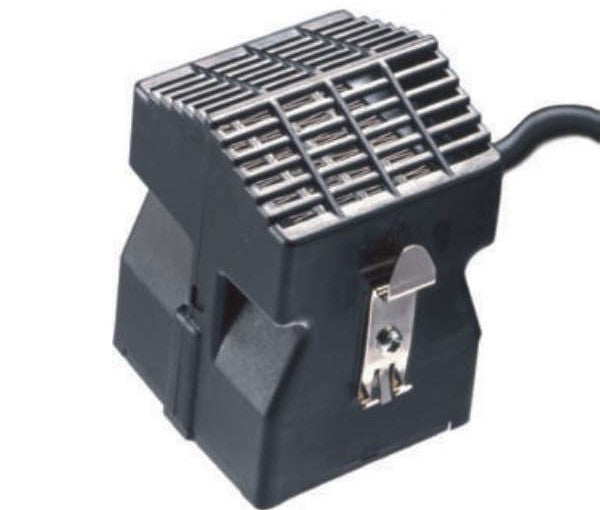 A black PTC fan heater with a DIN rail enclosure, featuring a plastic housing and an attached cable.