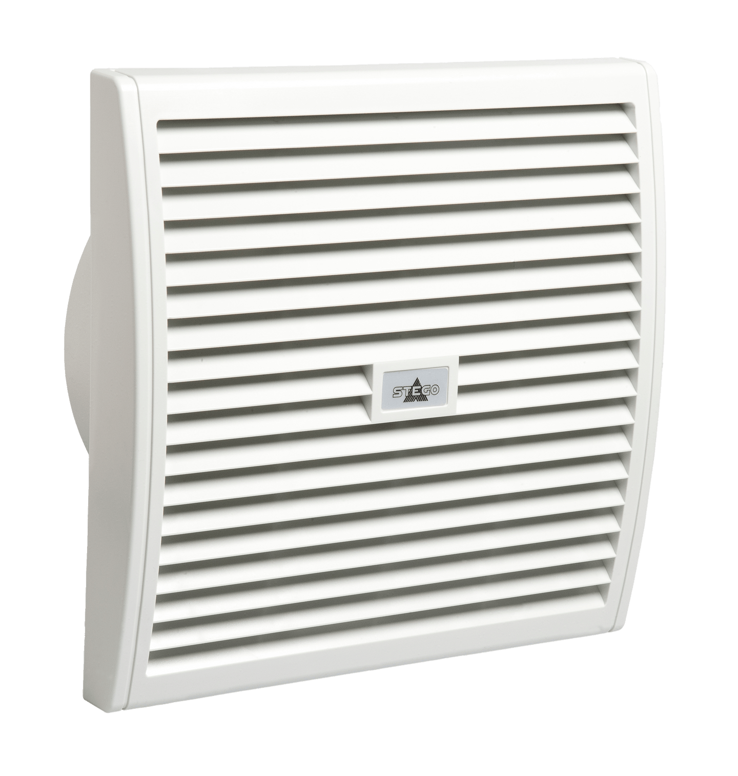 White wall-mounted air vent with a brand logo on a black background.