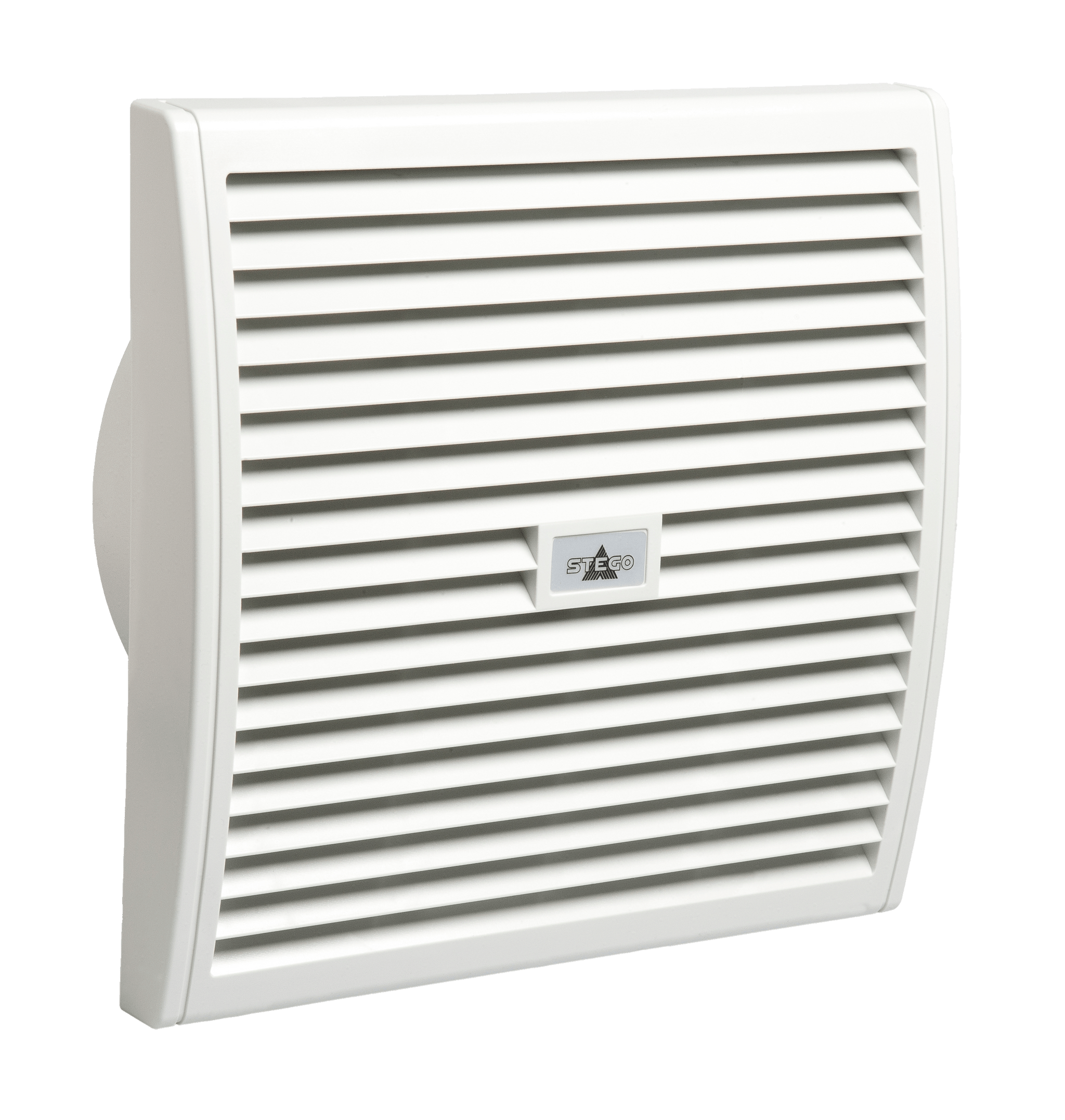 White wall-mounted air vent with a brand logo on a black background.