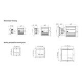 Black on white dimensional drawing and drilling template for a mounting frame on a white background.