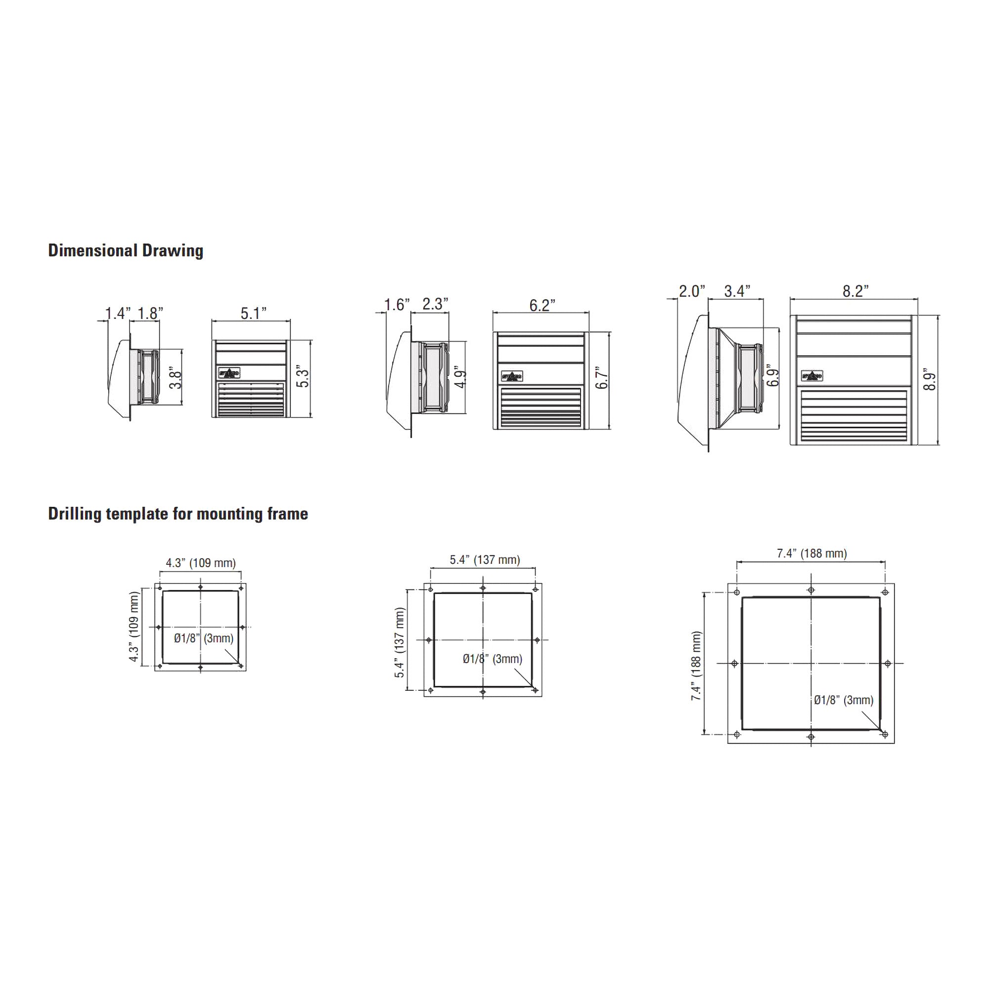 Black on white dimensional drawing and drilling template for a mounting frame on a white background.