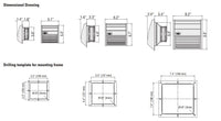Dimensional drawing and drilling template for a mounting frame on a white background.