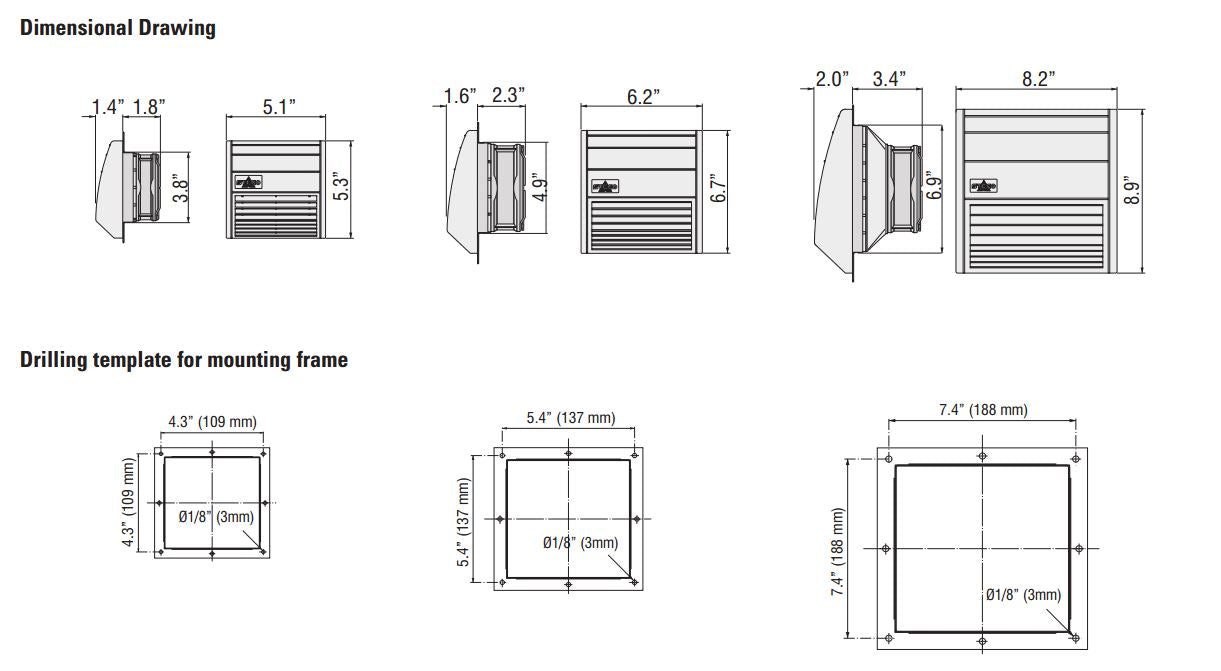 Dimensional drawing and drilling template for a mounting frame on a white background.