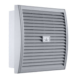A gray 10 inch enclosure filter fan with a plastic hood and a label indicating the brand and model details.