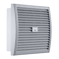 A gray 10 inch enclosure filter fan with a plastic hood and a label indicating the brand and model details.