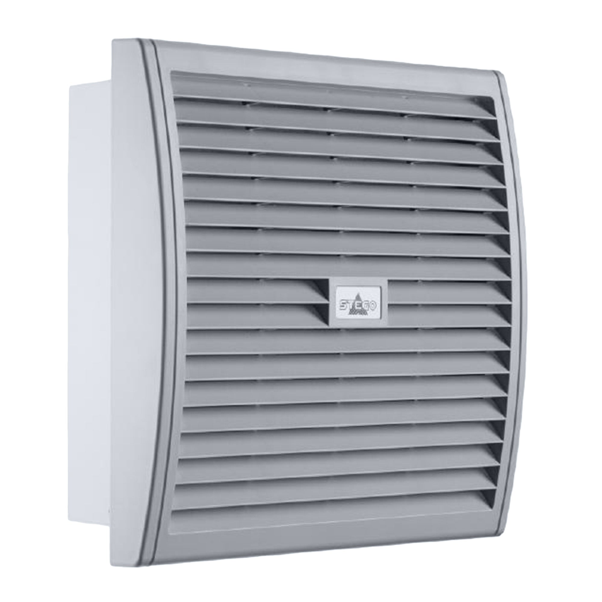 A gray 10 inch enclosure filter fan with a plastic hood and a label indicating the brand and model details.