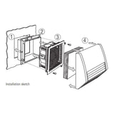 Line drawing of an air conditioning unit installation process on a white background.