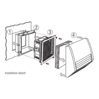 Line drawing of an air conditioning unit installation process on a white background.