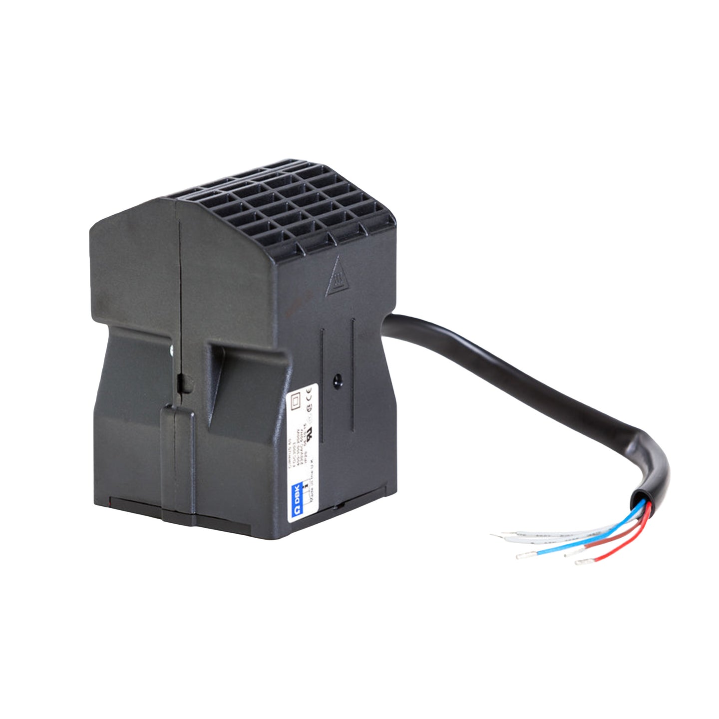Black electronic component with wires on a white background