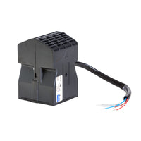 Black electronic component with wires on a white background