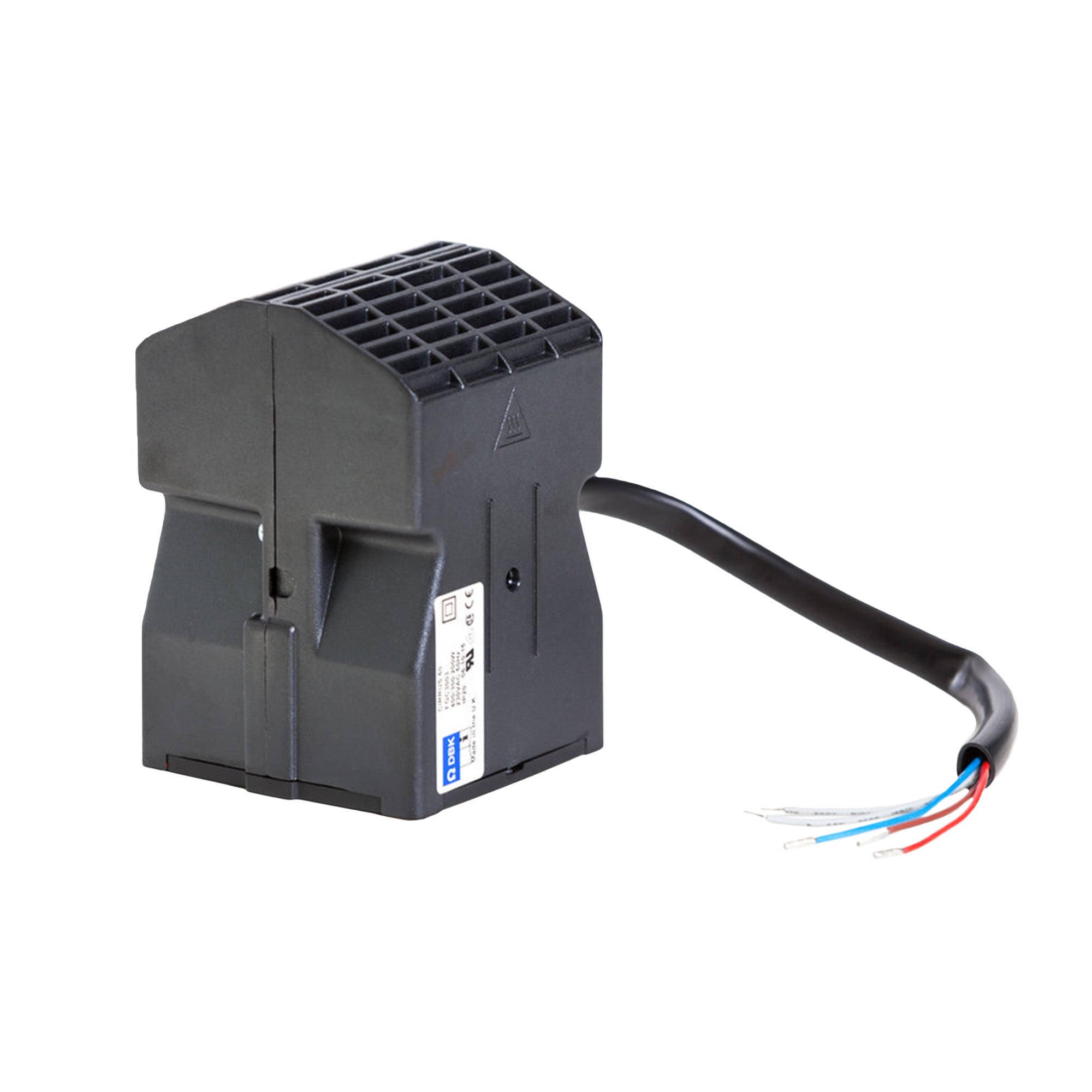 Black electronic component with wires on a white background