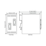 Technical drawing of a device with front and side views showing dimensions.