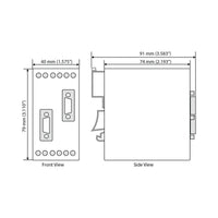 Technical drawing of a device with front and side views showing dimensions.