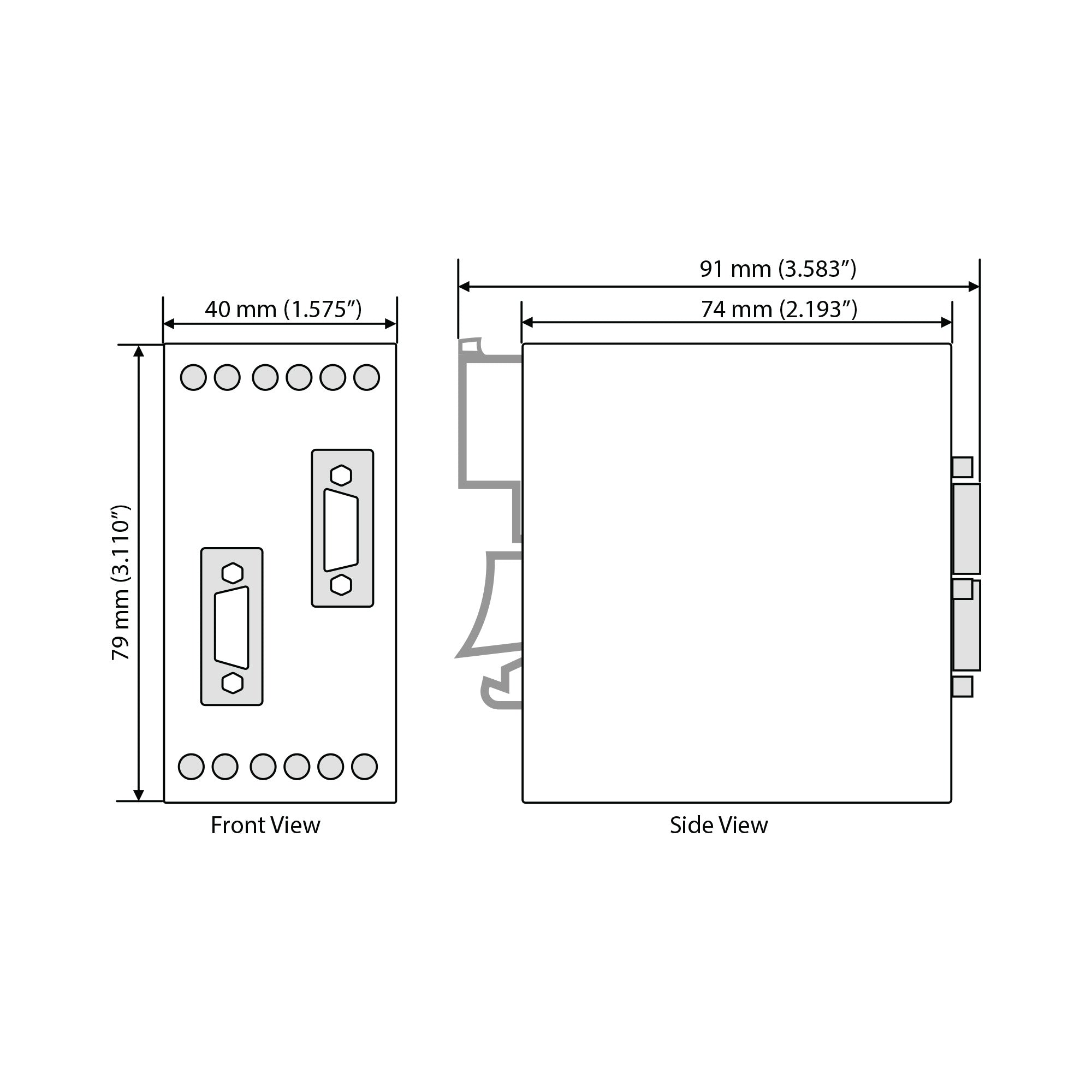 Technical drawing of a device with front and side views showing dimensions.