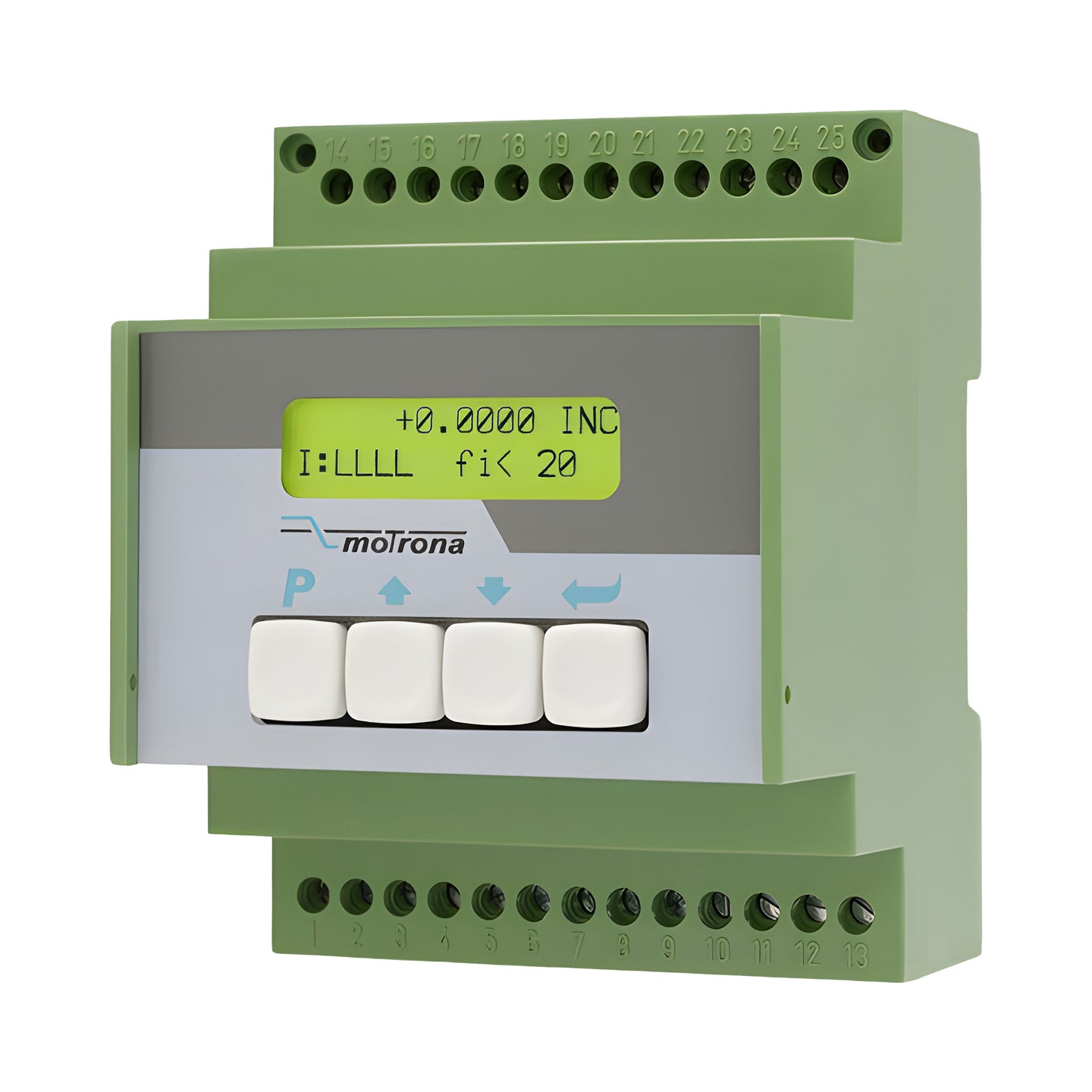 Green electronic device with a display and buttons on a white background.