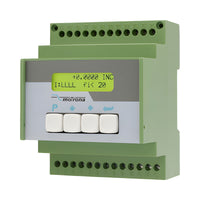Green electronic device with a display and buttons on a white background.