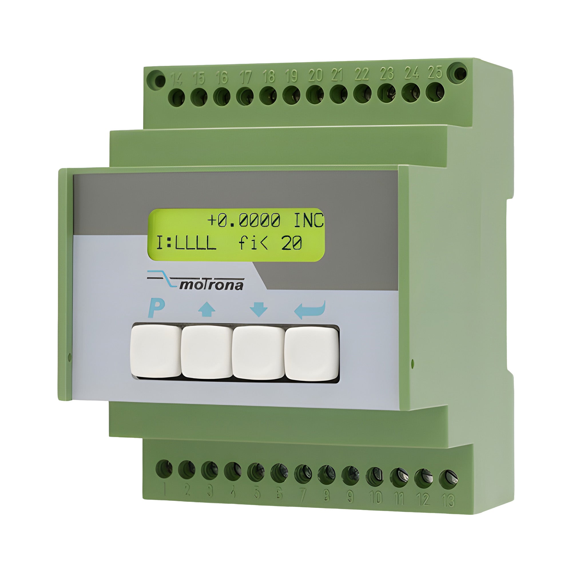Green electronic device with a display and buttons on a white background.