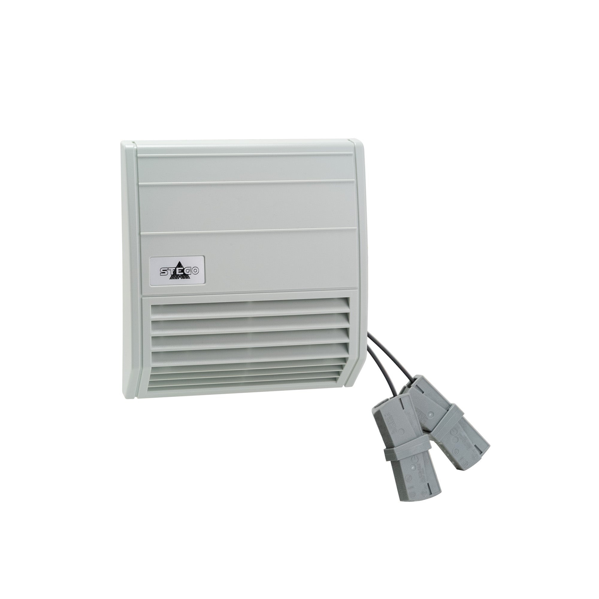 Gray electronic device with a cable on a white background.