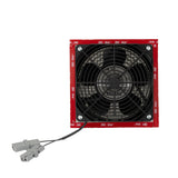 Black fan with red frame on a white background.