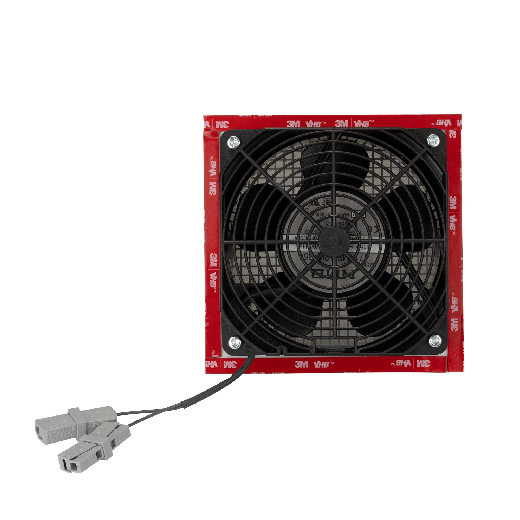 Black fan with red frame on a white background.