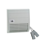 Gray wall-mounted electrical panel with two cables on a white background.