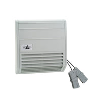 Gray wall-mounted electrical panel with two cables on a white background.