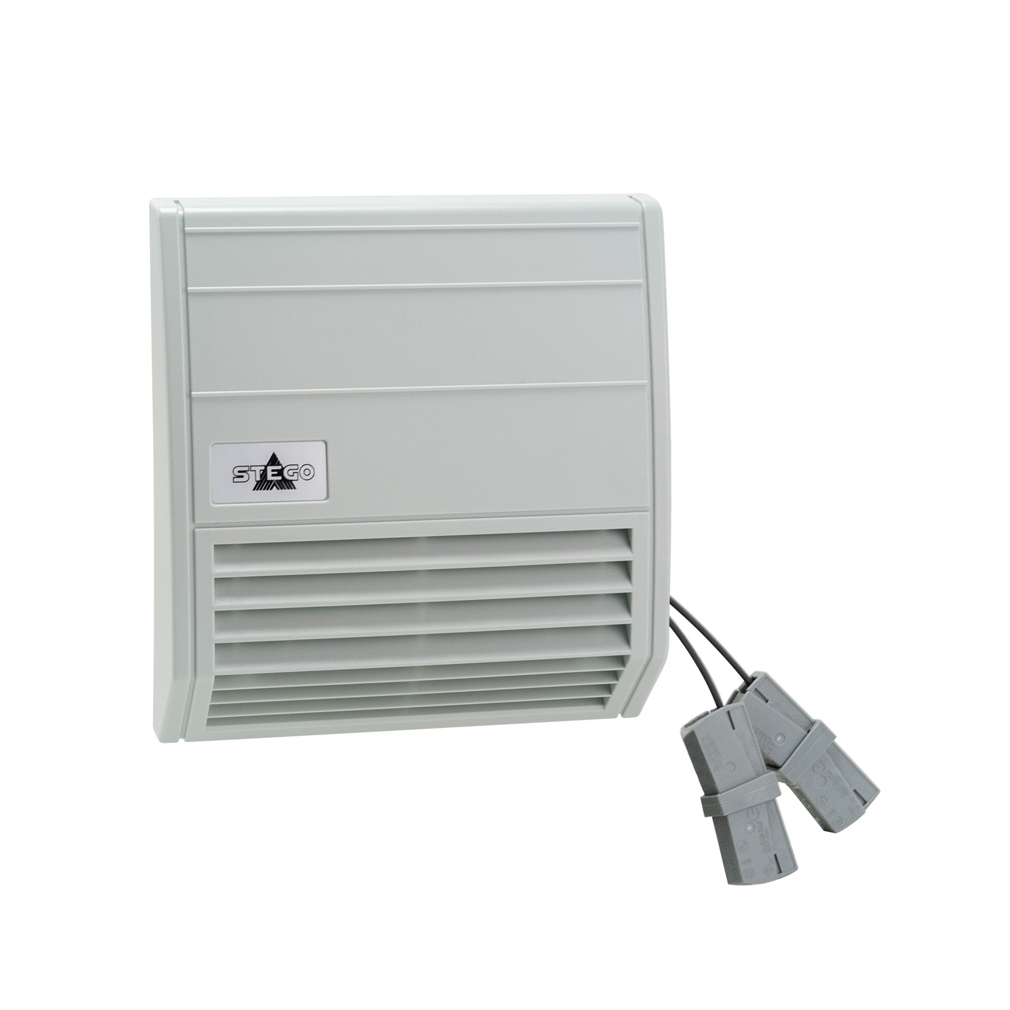 Gray wall-mounted electrical panel with two cables on a white background.