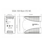 Black on white technical drawing of a GDA 100 Watt power supply with dimensions and branding.