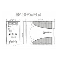 Black on white technical drawing of a GDA 100 Watt power supply with dimensions and branding.