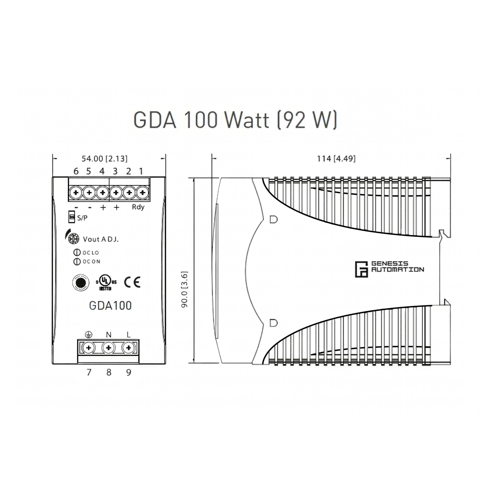 Black on white technical drawing of a GDA 100 Watt power supply with dimensions and branding.
