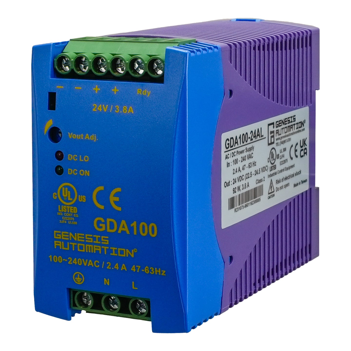 Blue and purple power supply unit with Genesis Automation branding on a white background