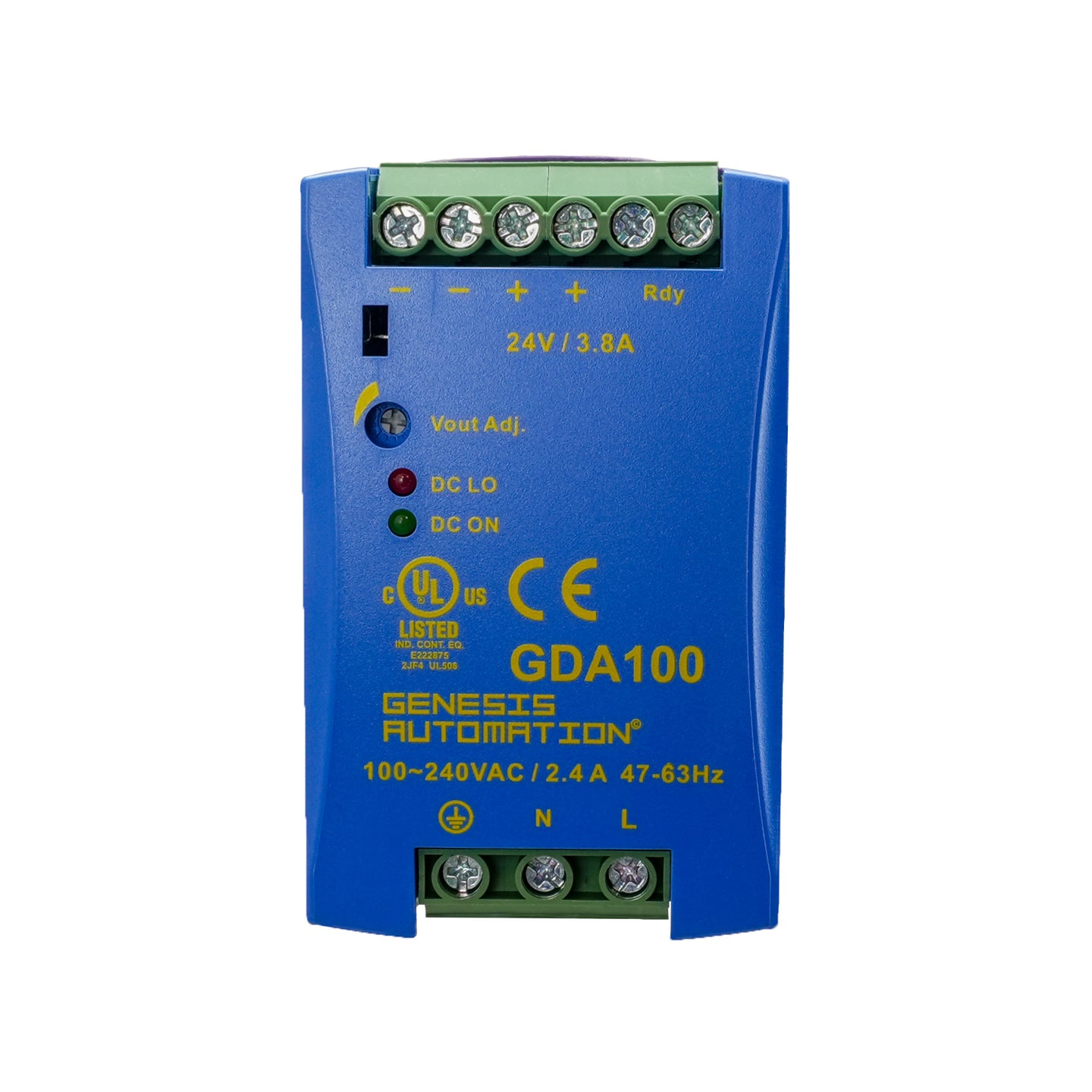 Blue electronic device with Genesis Automation branding on a white background