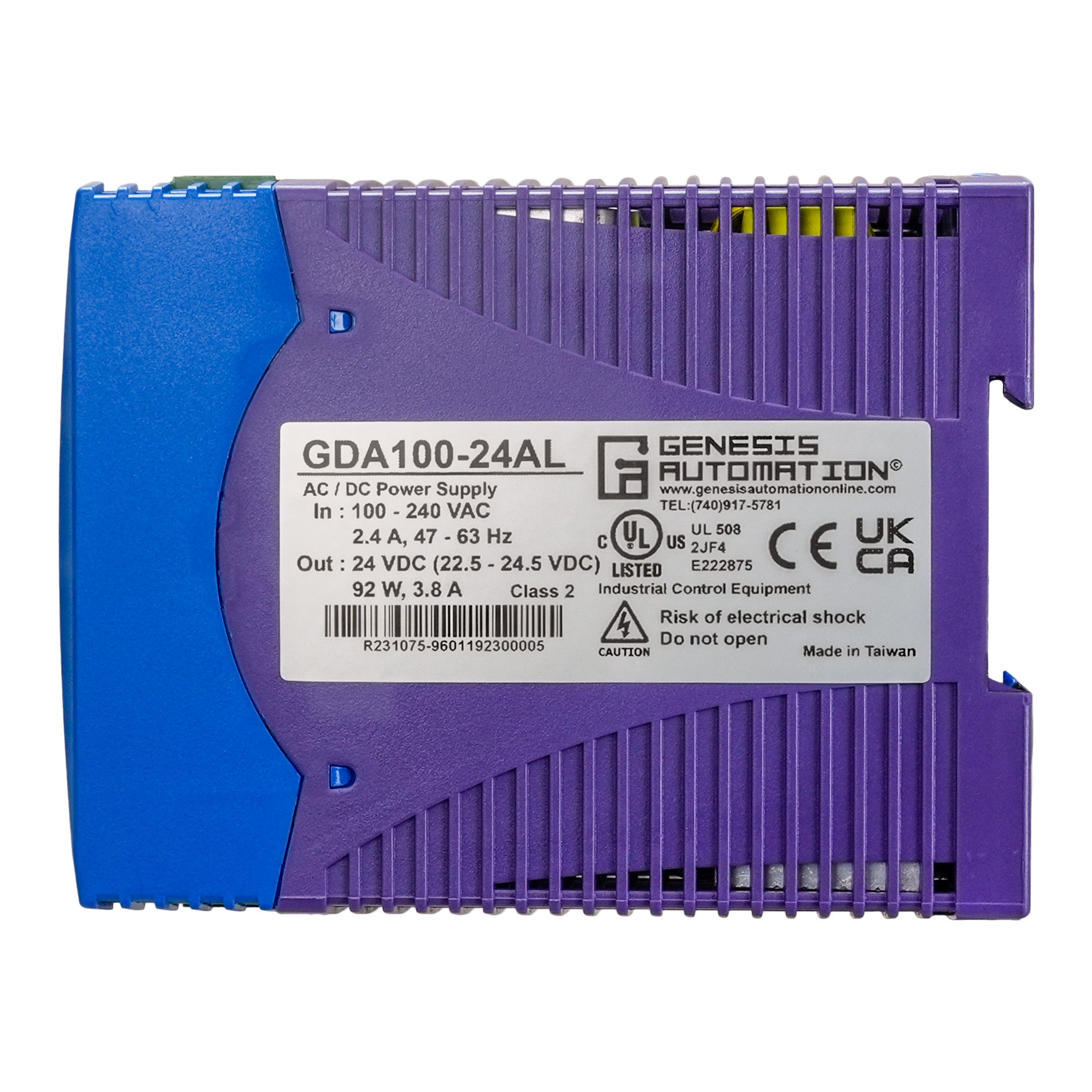 Purple and blue power supply unit with Genesis Automation label on a white background