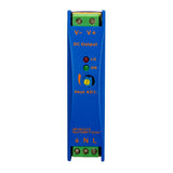 Blue electronic module with labeled terminals and branding on a white background