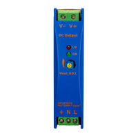Blue electronic module with labeled terminals and branding on a white background