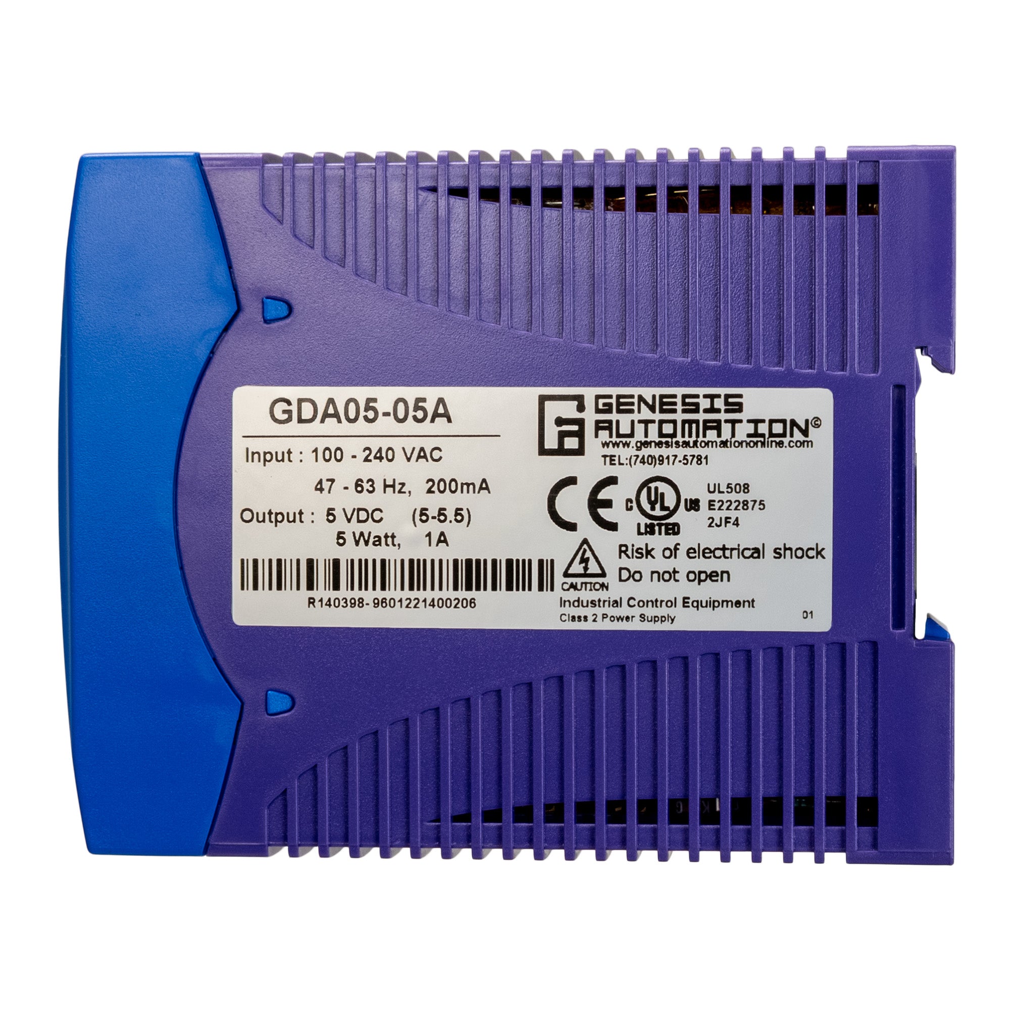 Blue and purple industrial power supply with Genesis Automation label on a white background