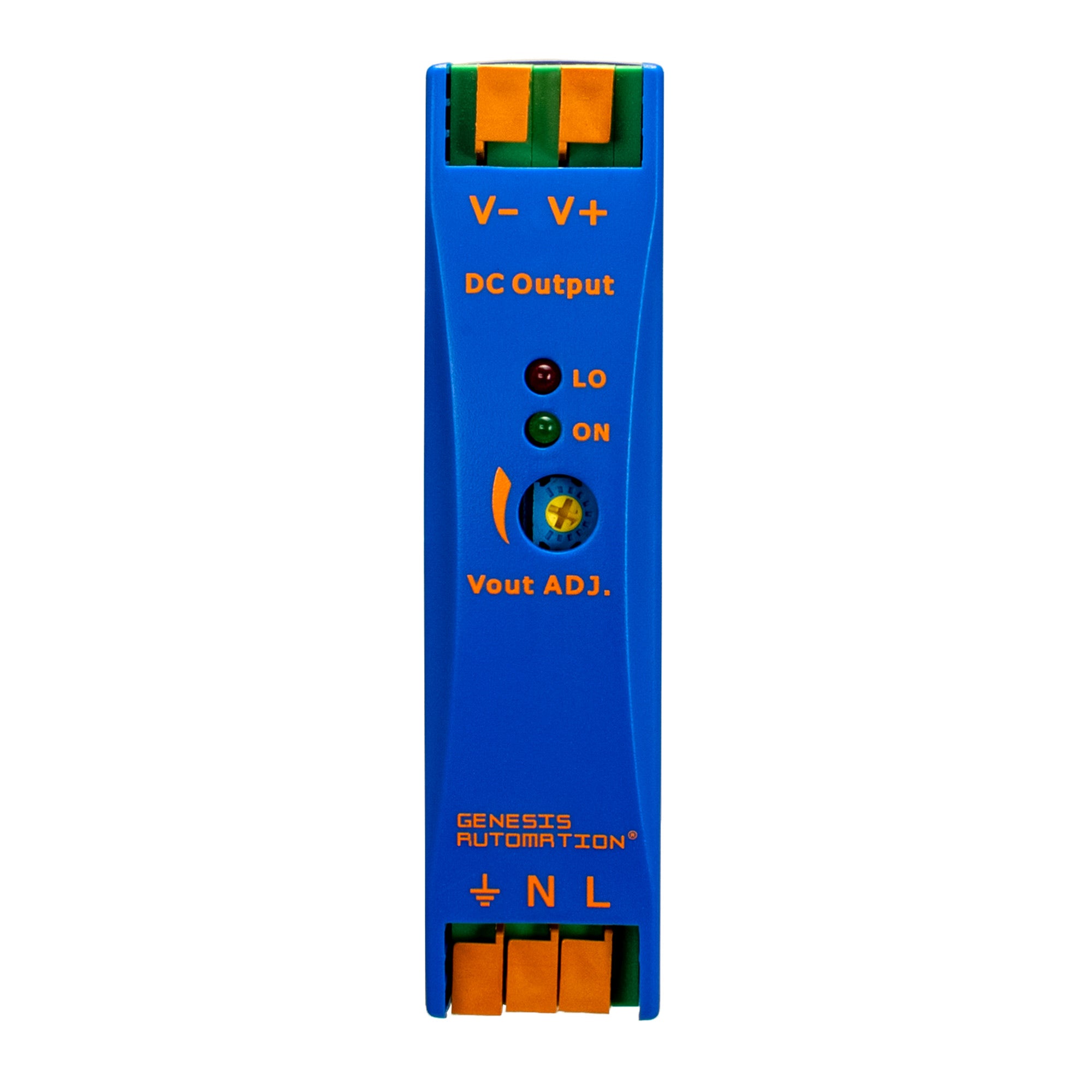 Blue electronic module with orange connectors on a white background
