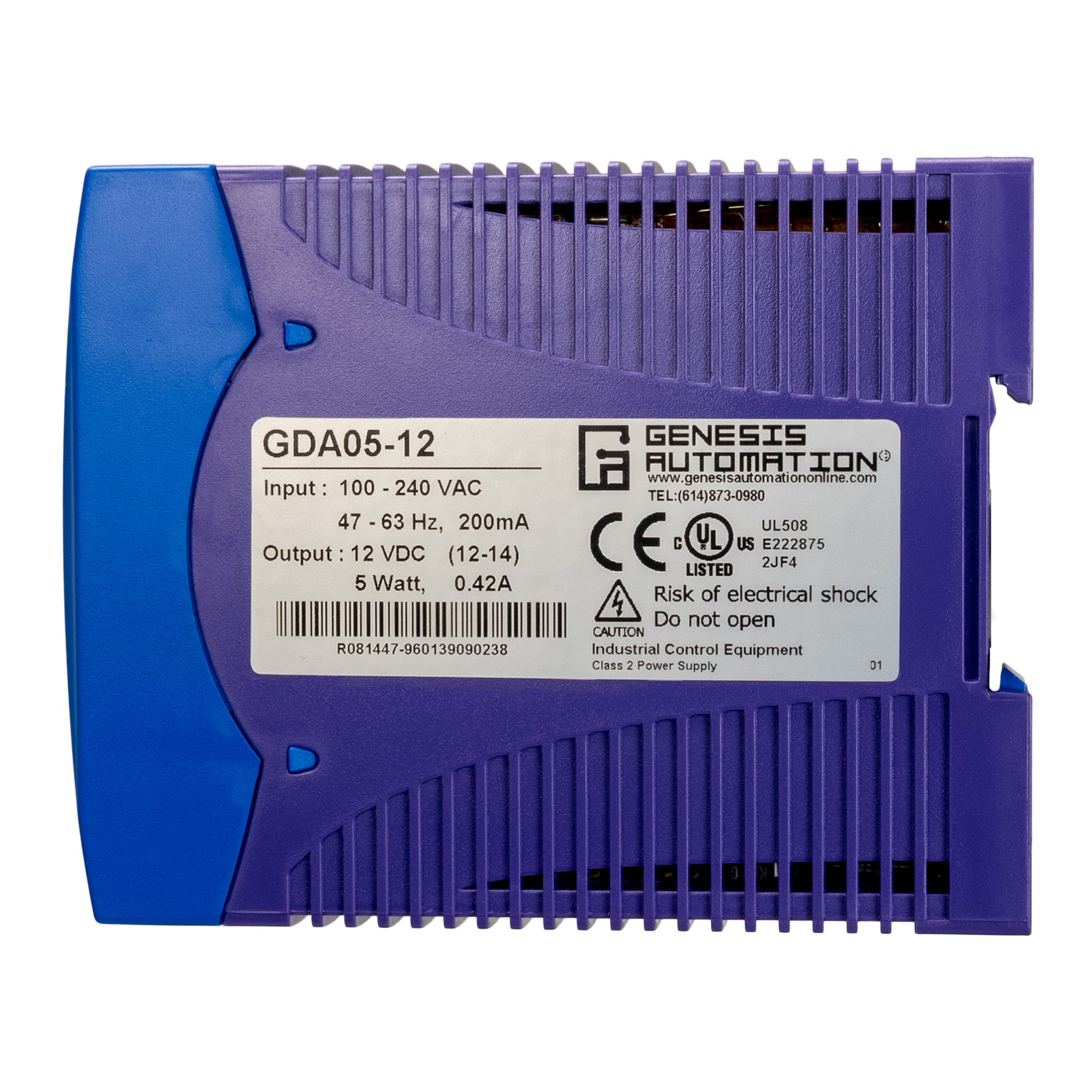 Blue and purple industrial control power supply with Genesis Automation branding on a white background