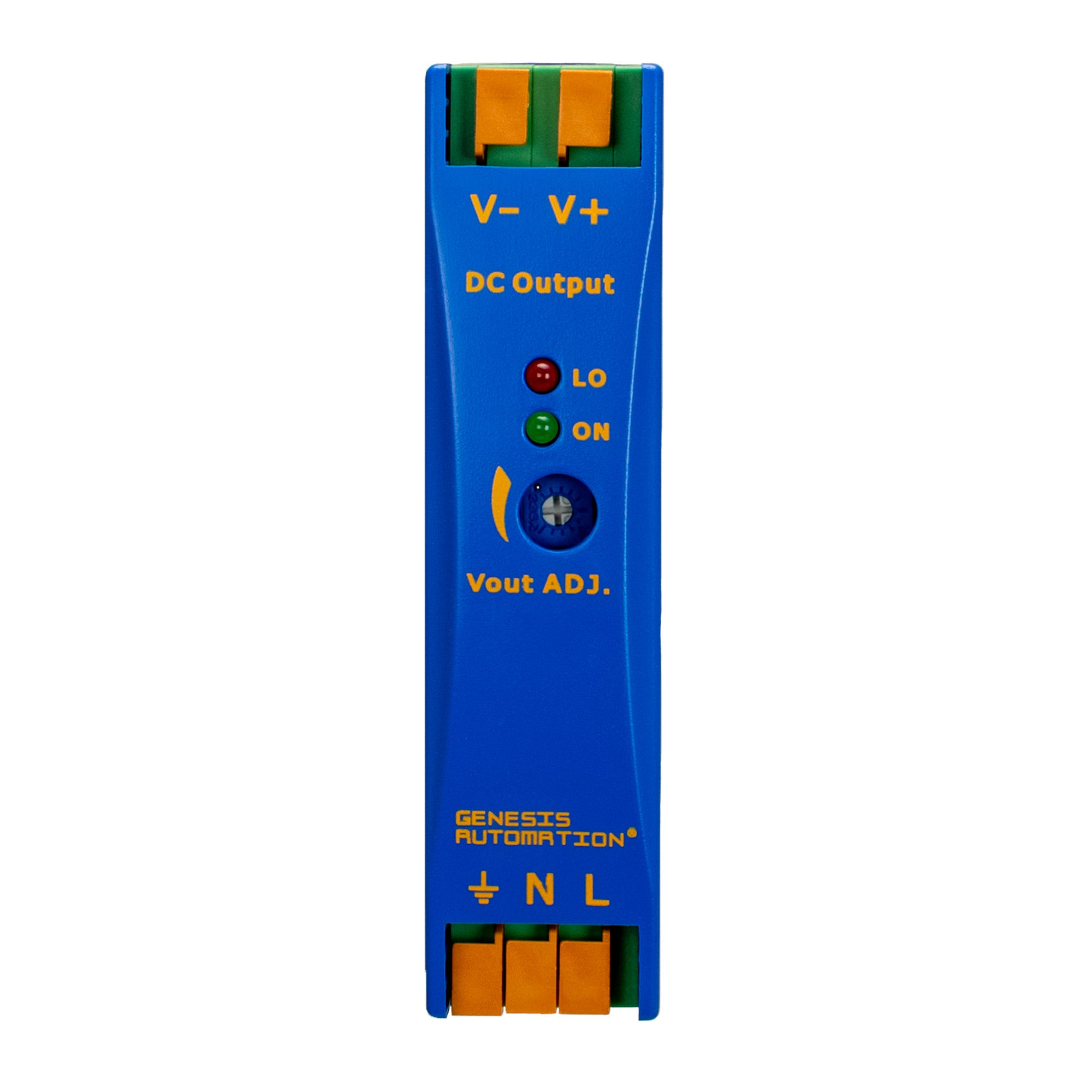 Blue electronic module with yellow text and labels on a white background