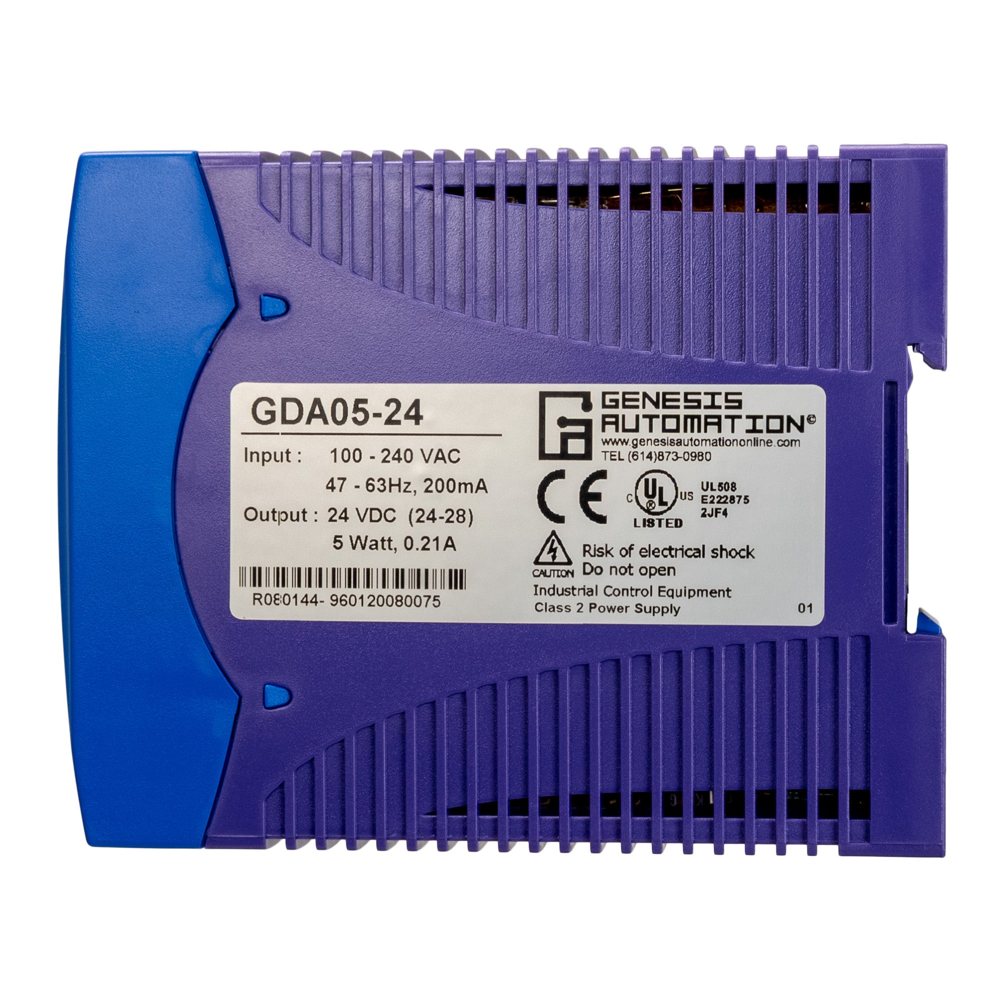 Blue and purple industrial control power supply with Genesis Automation branding on a white background.